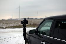 Cody's camera set up taking a time lapse of wind turbines in Gratiot County