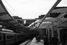 Denver Union Station platform in black and white